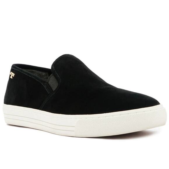 Tory Burch Size 8 Black Jesse Suede Gold Logo Slip On Sneaker Walk Travel Shoe - Picture 1 of 12